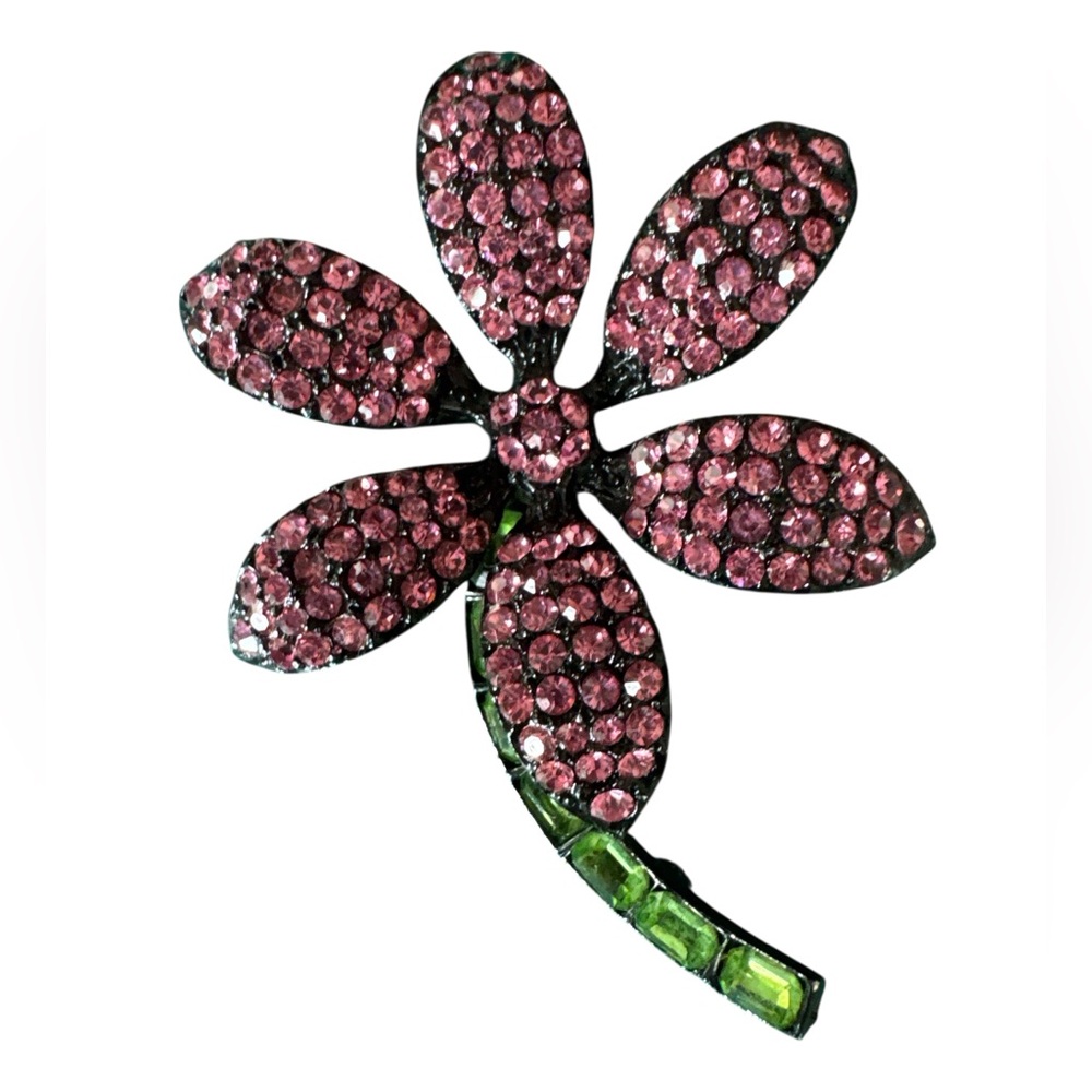 Pink and Green Crystal Flower Brooch Vintage